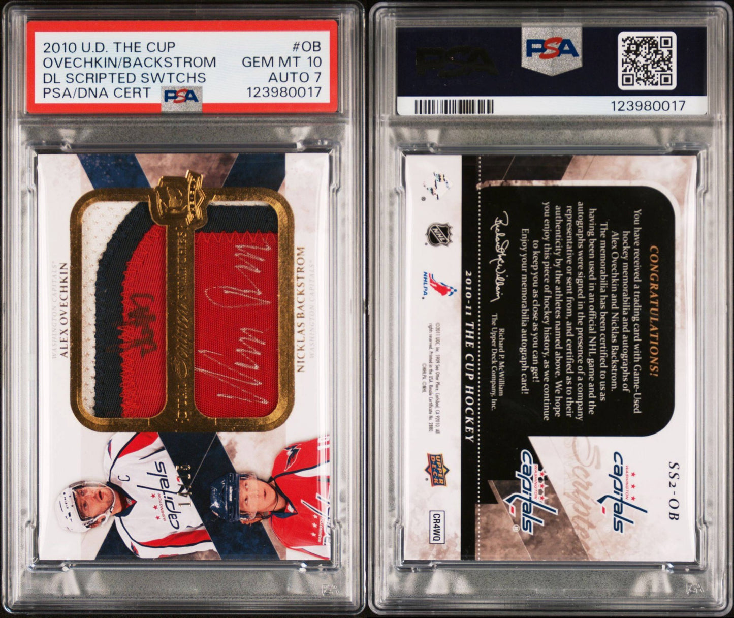 2010 Upper Deck The Cup Dual Scripted Swatches - Alexander Ovechkin / Nicklas Backstrom Auto - PSA 10 / Auto 7 - Pop 1/1