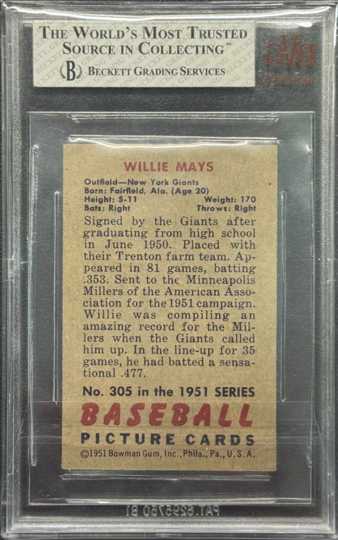 1951 Bowman - Willie Mays #305 - BVG 3.5