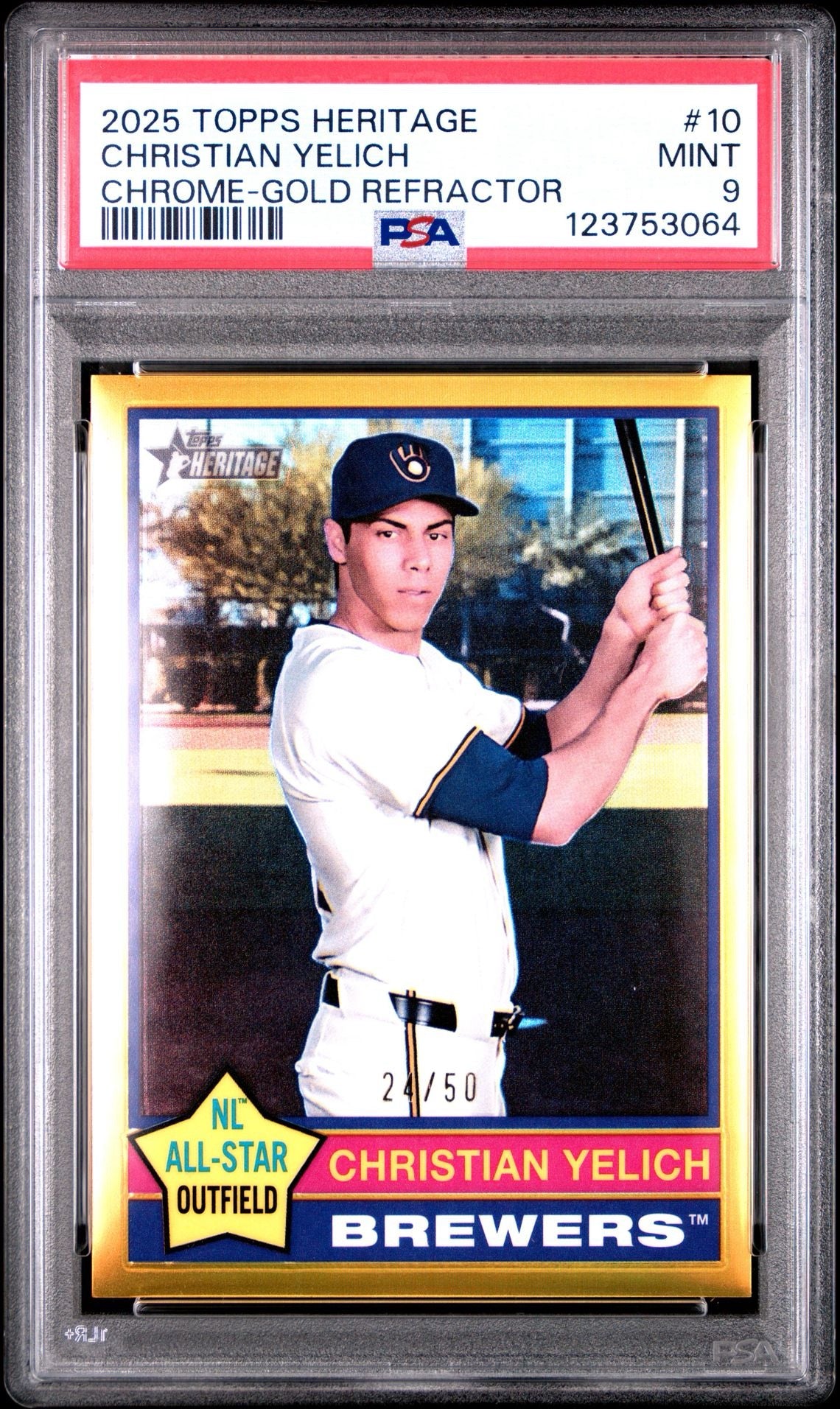 2025 Topps Heritage - Christian Yelich Chrome Gold Refractor #10 - 24/50 - PSA 9