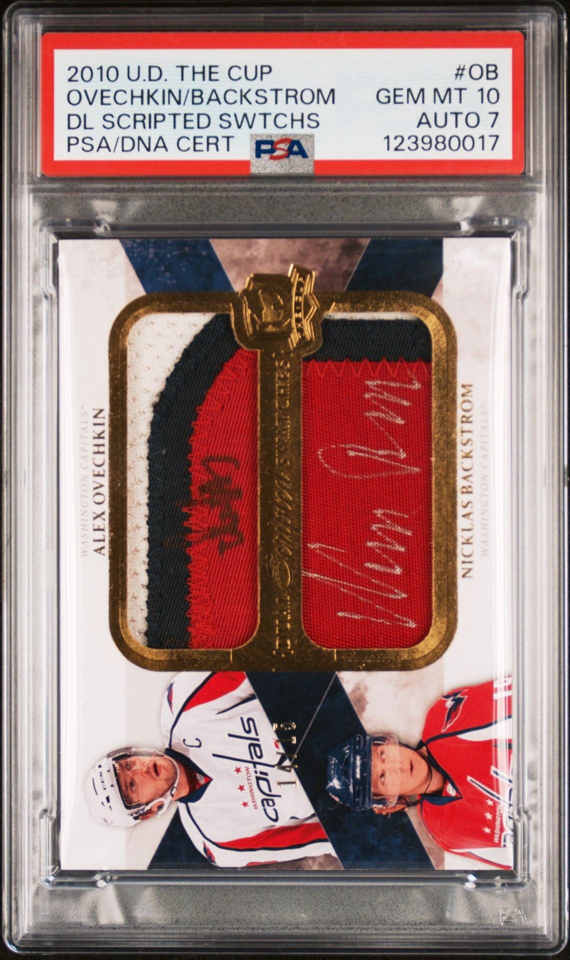 2010 Upper Deck The Cup Dual Scripted Swatches - Alexander Ovechkin / Nicklas Backstrom Auto - PSA 10 / Auto 7 - Pop 1/1