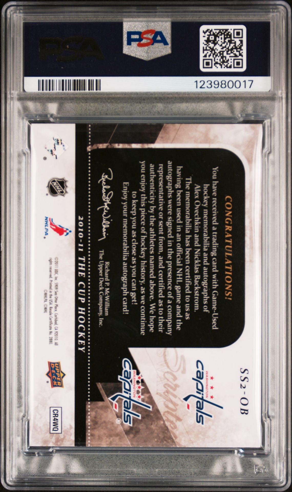 2010 Upper Deck The Cup Dual Scripted Swatches - Alexander Ovechkin / Nicklas Backstrom Auto - PSA 10 / Auto 7 - Pop 1/1
