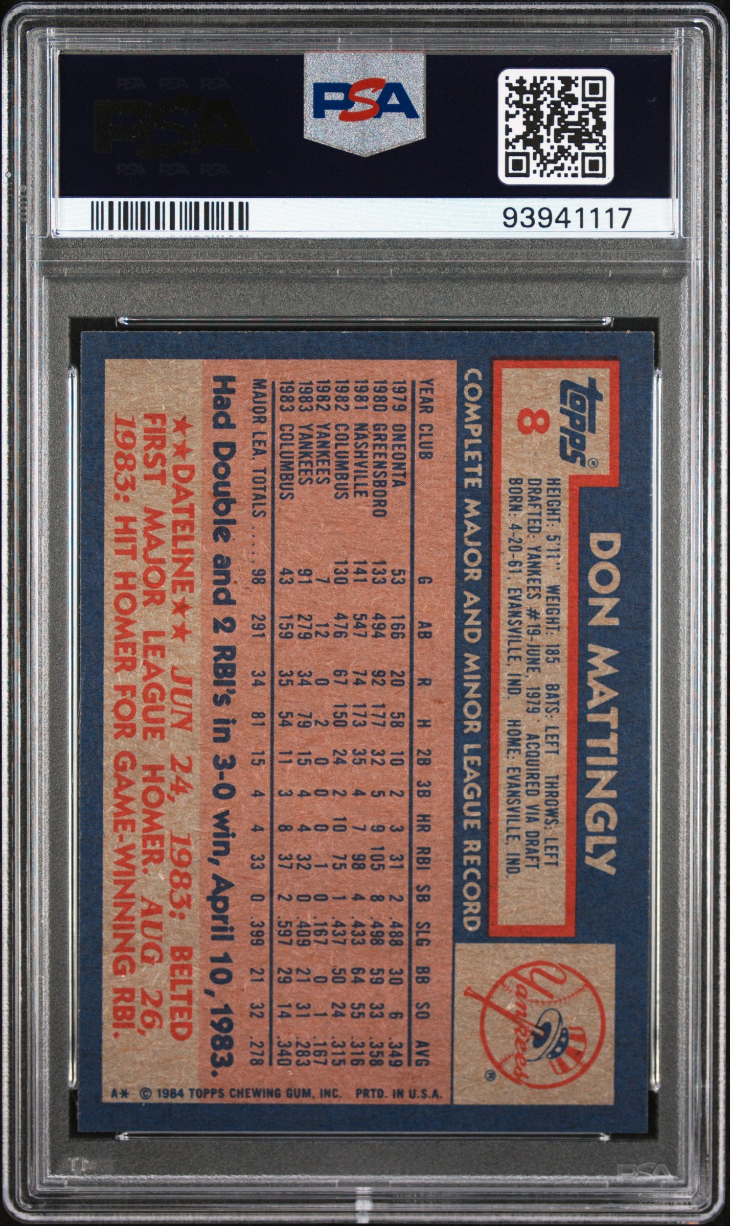 1984 Topps Don Mattingly RC #8 - PSA 4
